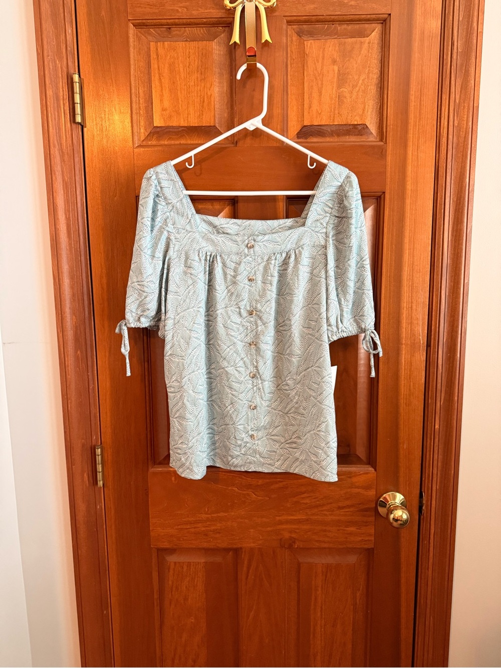 Angels Pale Blue Square Neck Button-Front Blouse with Tie Sleeves
